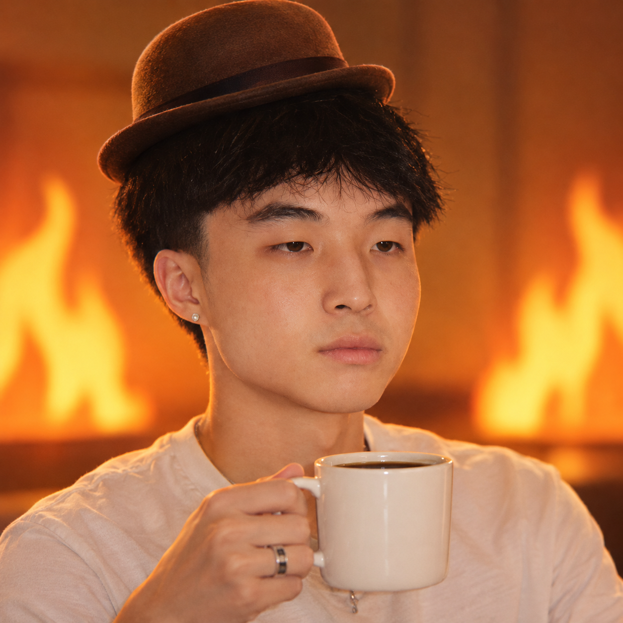 Kimchi calmly holding coffee in a warm room with fire in the background